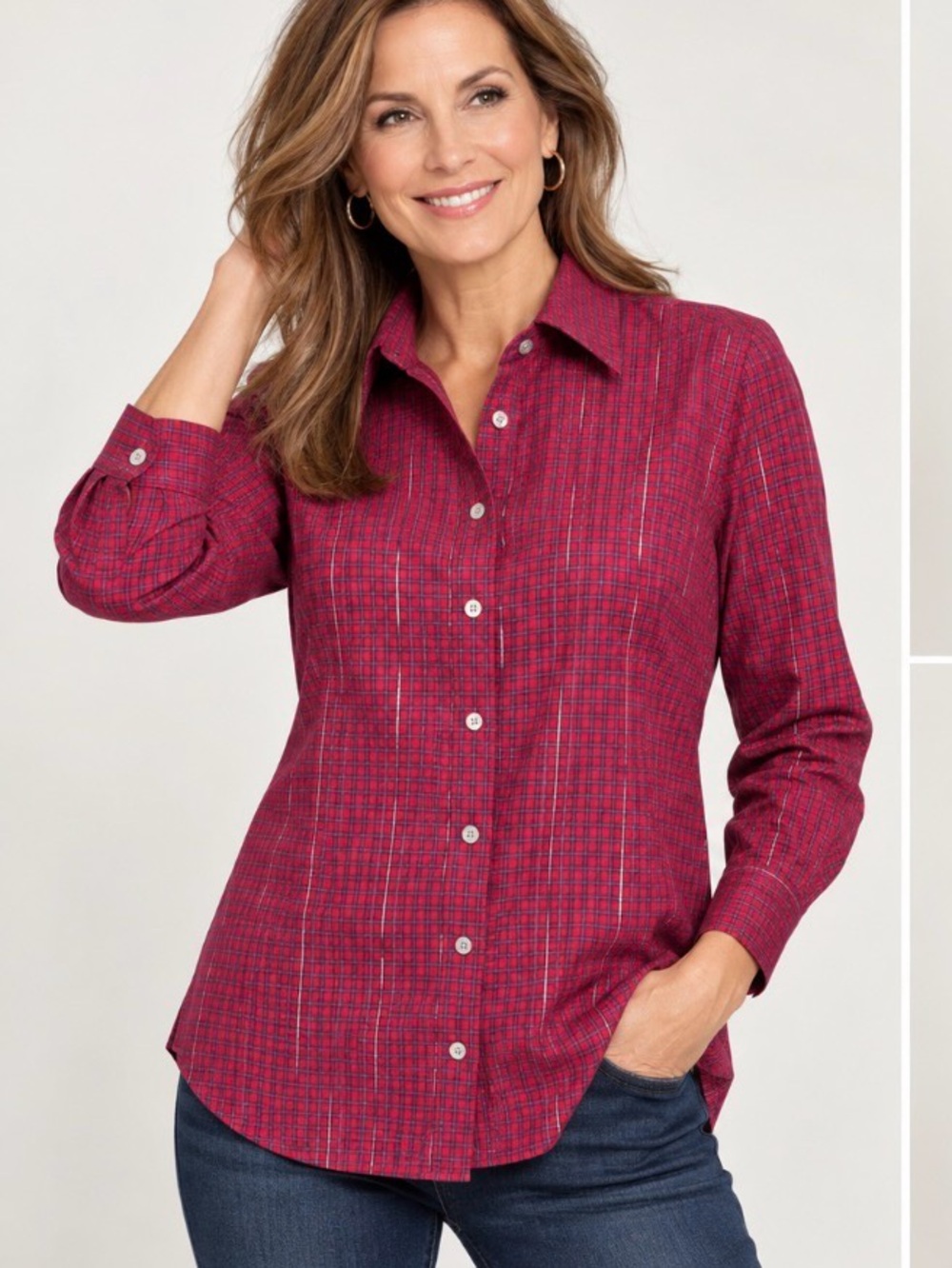 Talbots Size 4 Button Up Shirt Red Gold Metallic LS Wrinkle Resistant I402